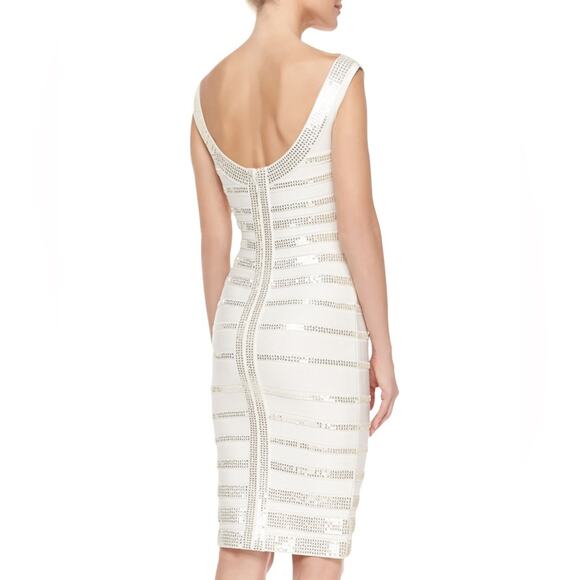 Herve Leger Fatima Gold Sequin Striped Bandage Dress White Alabaster Combo Small - Picture 2 of 16
